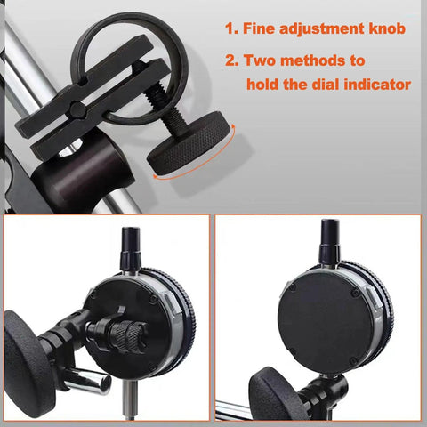 Magnetic Base For Dial Indicator Holder With Fine Adjustable Long Arm Tool Stand shown in close-up with adjustment knob details.