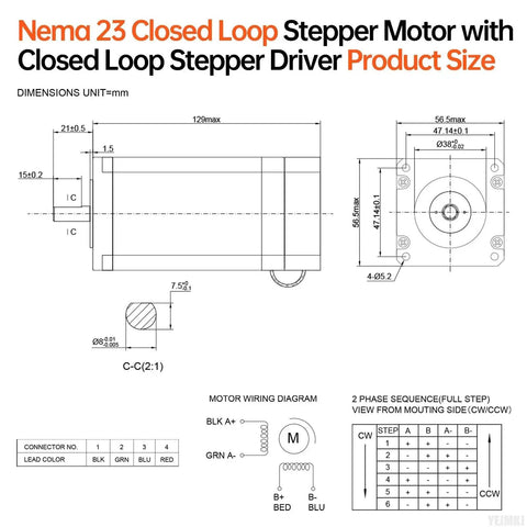Technical diagram of Nema 23 Closed Loop Stepper Motor with Integrated Driver showing dimensions and wiring for CNC mills and lathes.