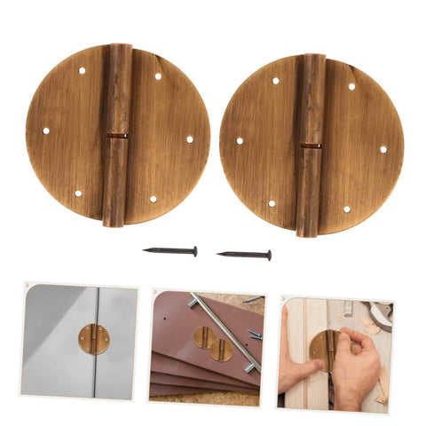 2 Pack Miniature Hinges For Crafts Cabinets And Wardrobes Vertical Doors Kit With Brushed Finish Vintage Chinese Style Butt Hinges For Quick Install And Replacement, showing two round brass hinges and nails.