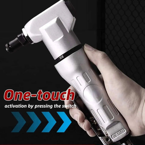 Hand holding Beefy Pneumatic Sheet Metal Cutter Handheld Air Nibbler with hardened blade and alloy case, 2800 RPM, showing one-touch activation
