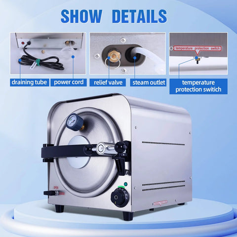 Autoclave DACAT-RICHFU TR250E 14L, stainless steel home sterilizer with front door and control knob.