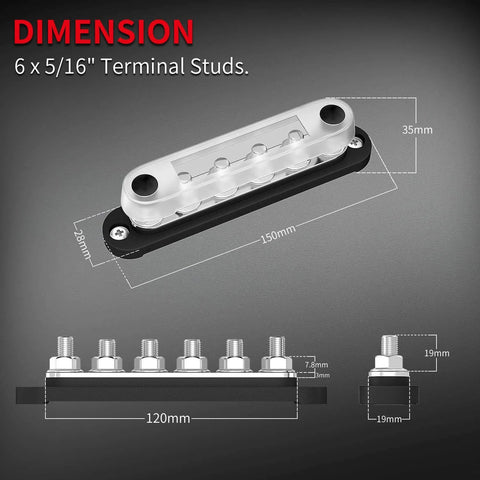 Diagram of 12V Battery Bus Bar Power Distribution Block With 6 M8 Terminal Studs, Positive And Negative Terminal Blocks, Includes Cover