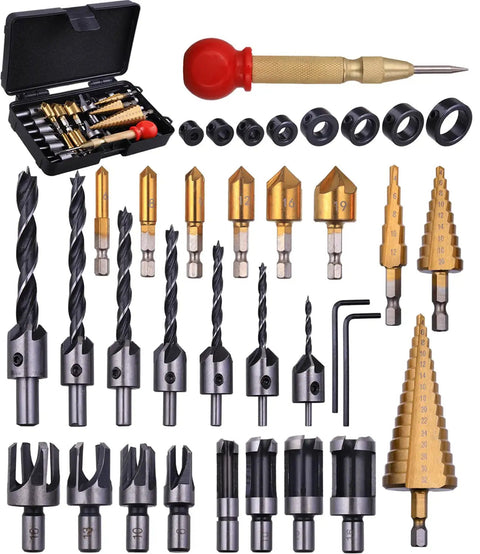 34 Pack Woodworking Drill Bit Set With Countersinks, Plug Cutters, Stop Bit Collars And Step Bits in case, shown in layout