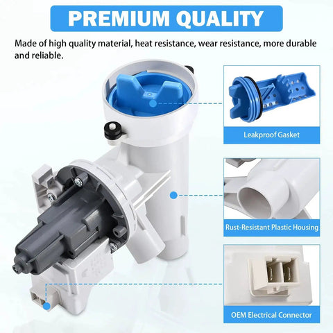 Washer drain pump and filter assembly, front view, blue leakproof gasket, rust-resistant white housing