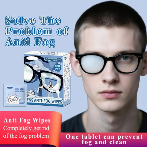 Man wearing glasses with fogged lens beside Anti Fog Lens Wipes For Glasses And Screens Scratchless 200 Moistened Wipes box