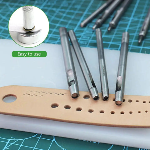 Eleven Piece Leather Craft Pro Grade Punch Tool Kit with Snap Fastener Setter and Rivet Die Set, showing metal hollow punches on leather.