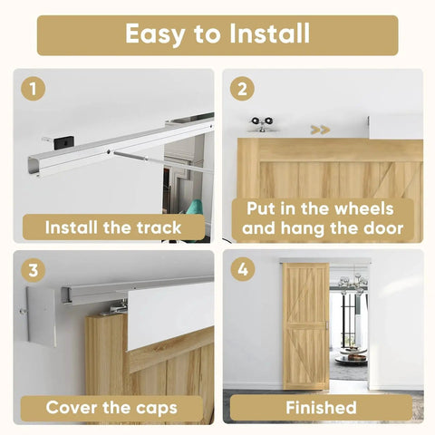 Step-by-step installation of 6Ft Sliding Barn Door Hardware Track Kit With Handles, Low Clearance Aluminum Alloy Box Rail Track in silvery.