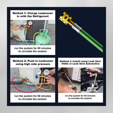 Guide on using All In One Leak Sealer For HVAC Systems Up To 5 Tons With Moisture Remover And UV Dye 3 In 1 Direct Inject Formula.
