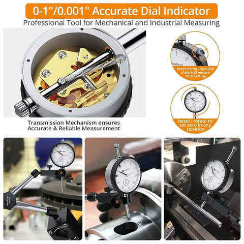 Dial Indicator Set With Magnetic Base Holder And Storage Case For Precision Measurement In 0 To 1 Inch Range 0.001 Inch Graduation