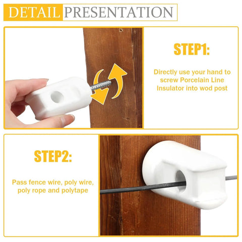Installation steps for 25 Pack Ceramic Lag Screw Fence Insulators For Wooden Posts, showing hand screwing insulator and wire passing through.