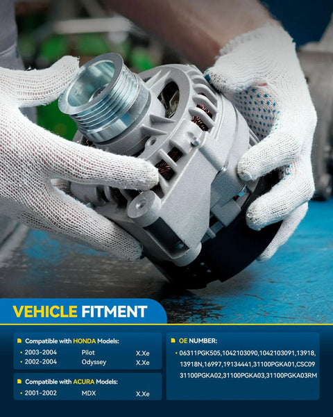 Mechanic holding 130 Amp 12V direct fit alternator replacement for 2002-2004 Honda Odyssey and 2001-2002 Acura MDX