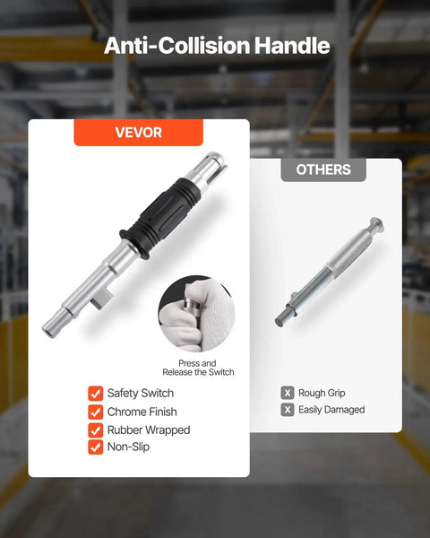 Comparison of anti-collision handles, highlighting Vevor's chrome finish, rubber wrapped design with safety switch, against competitors.