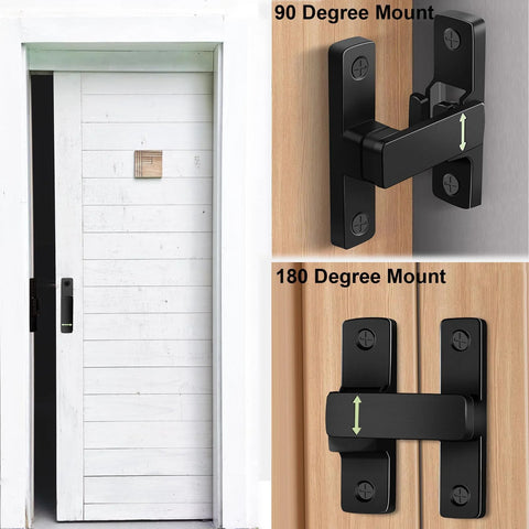 90/180 Degree Barn Door Lock With Small Flip Gate Latches for Privacy, showing 90 and 180 degree mounts, matte black finish.