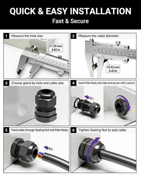 Installation steps for All Purpose Nylon Waterproof Cable Gland Kit 50 Pcs IP68 With PG7 NPT Cord Grip.