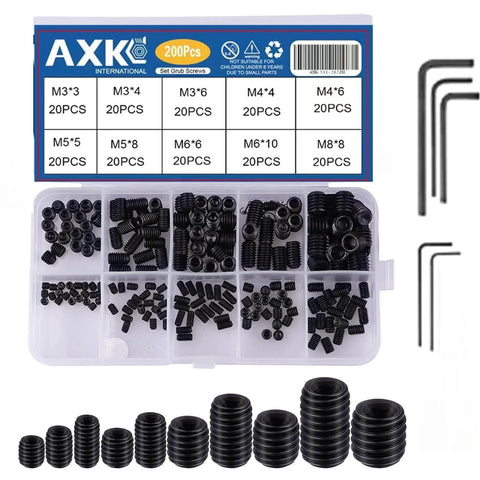 200 Piece Grub Screw Kit M3 M4 M5 M6 M8 Metric Hex Socket Head Cap Screws With Wrenches in an open case set