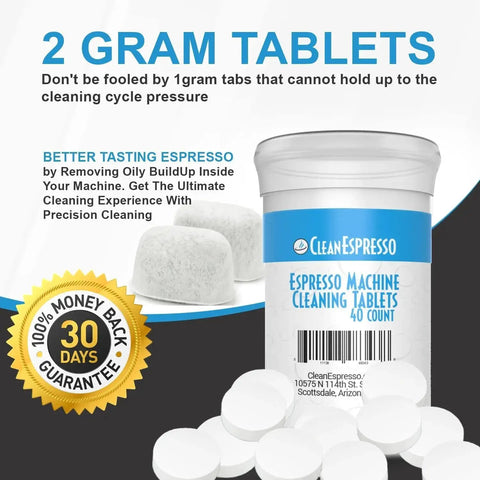 Front view of CleanEspresso espresso machine cleaning tablets bottle with blue label and 40 count scattered white tablets