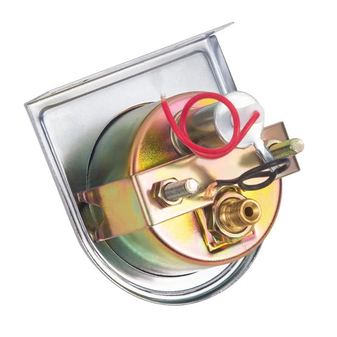 Back view of 7-153 Precision Mechanical Oil Pressure Gauge Kit with adapter fitting and red wire connection, chrome housing