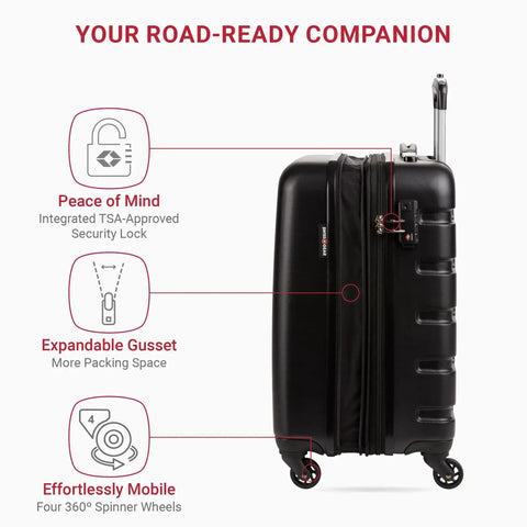 Side view of black 19-inch hardside suitcase with expandable gusset, TSA lock, and spinner wheels, SwissGear Expandable Carry On Luggage With Spinner Wheels For No Fuss Travel Easy 19 Inch Cabin Size Hardside Black Suitcase Ultra Durable Lightweight Build Fold Out Cup Holder 22 Inch Overall