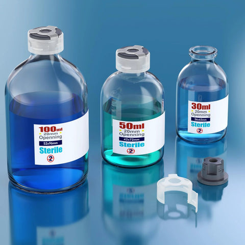 Three sterile glass vials with locking caps and blue liquids; 100 ml, 50 ml, and 30 ml sizes.
