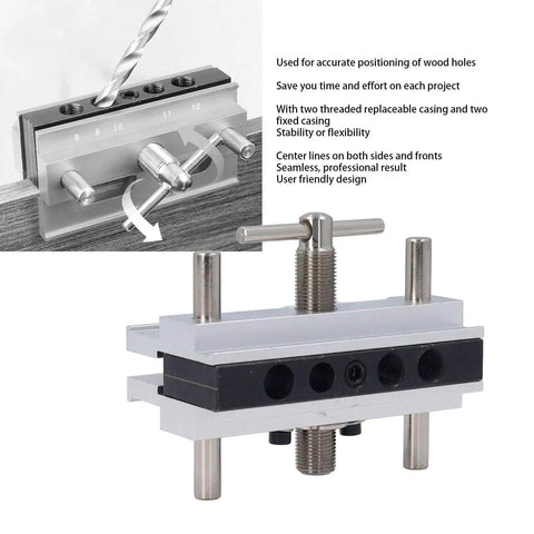 Self Centering Doweling Jig Kit With Adjustable Width Drilling Guide And Six Bushings, Universal Wood Thickness Range 0.4 To 2.4 Inches, Compatible With 6, 8, 10 And 12 Mm Dowels, Silver Finish.