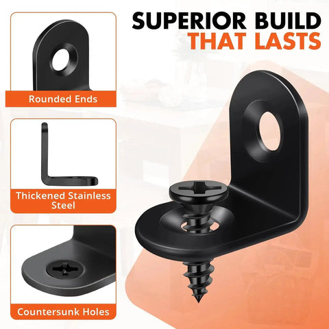 All In One Value Kit With 40 Black L Brackets And 80 Screws Stainless Steel 90 Degree Right Angle Corner Braces For Shelves Cabinets And Furniture Easy DIY Install No Trips To The Hardware Store showing close-up of black L bracket with screw and rounded ends.