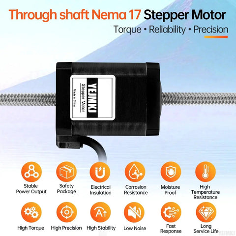 Through Shaft Nema 17 Stepper Motor For 3D Printers And CNC Machines TR8x8 300mm Lead with features icons below.