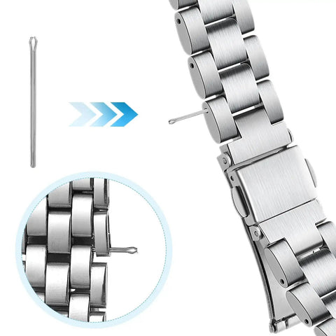 360 Piece Watch Band Pins Kit, Stainless Steel Cotter Pins, Replacement Link Pins For Watch Bands, 18 Sizes, close-up on pin in watch band