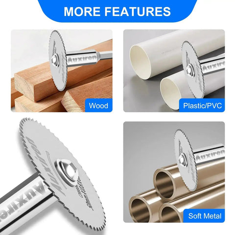 All-In-One Rotary Drill Saw Blade Kit cutting wood, PVC pipe, and soft metals in various applications.