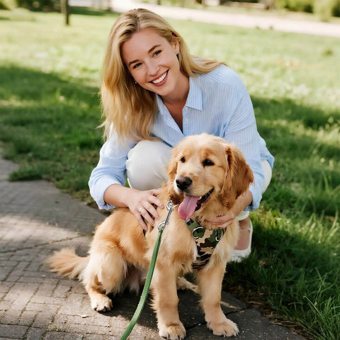 Woman kneeling and smiling with a golden retriever wearing a camouflage harness outdoors on a sunny day.