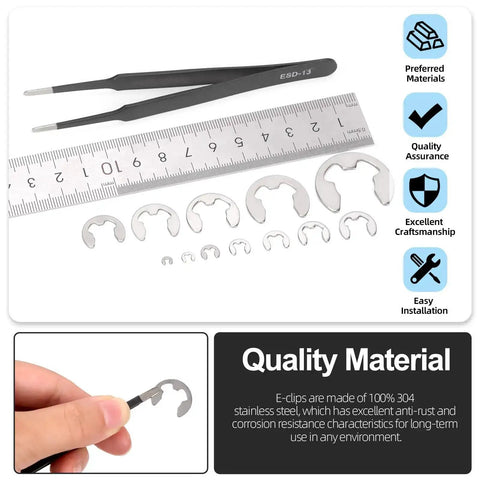 304 Stainless Steel E Clips Retaining Rings Set with tweezers and ruler, 14 sizes from 1.5mm to 15mm for gears and housings.