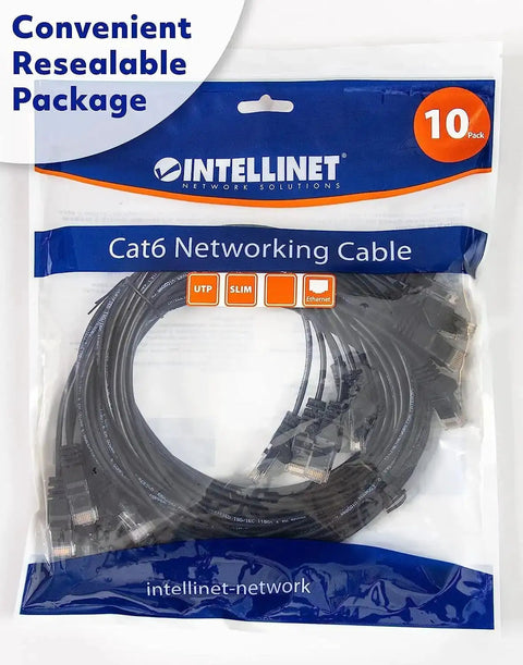 Slim Cat6 Ethernet Patch Cables 3 Ft, 10-Pack, 250 MHz, Snagless Boot, 30 AWG, Gold Plated Contacts, Resealable Package