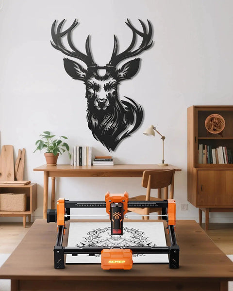 12W Laser Engraver ACMER S2 With 300x300mm Work Area and metal deer engraving displayed in a modern room.