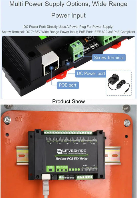 8-Channel Ethernet Relay Module with Modbus RTU TCP Protocol in ABS rail-mount case, showing PoE power and connection ports