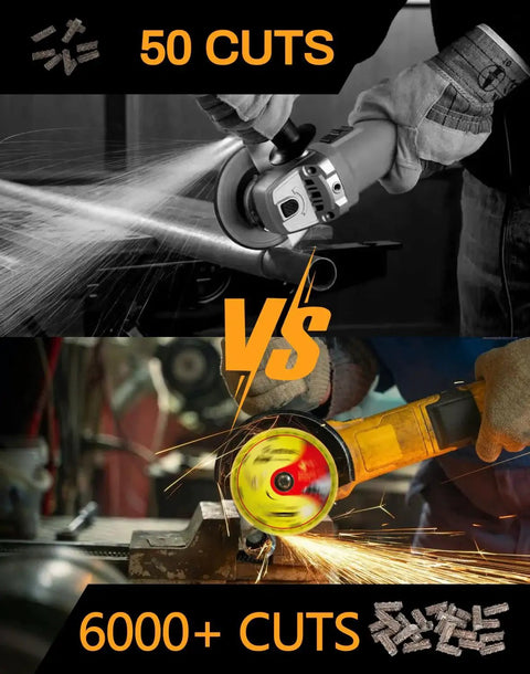 Man using a 4.5 inch diamond metal cutting wheel for angle grinders, highlighting 50 cuts vs 6000+ cuts durability.