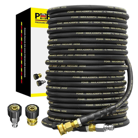 POHIR 100ft high-pressure washer hose, 3/8 in quick-connect, wire-braided with brass fittings, boxed with adapters