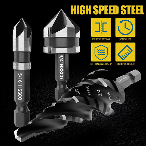 Close-up of Five Piece Four Spiral Flute Step Drill Bit Set And Six Countersink Bits With Tool Box By Cleverool Nitriding HSS Drill Bits