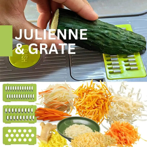 Close-up of All In One Vegetable Chopper And Prep Station With 15 Functions And 10 Interchangeable Blades grating vegetables.