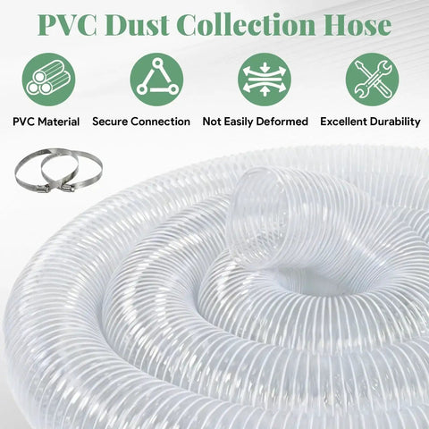30 Ft Long 6 Inch PVC Dust Collection Hose Flexible Puncture Resistant Vacuum Hose With 8 Stainless Steel Clamps For Industrial And Home Use Clear Dust Extraction Hose For Secure Fittings coiled with clamps