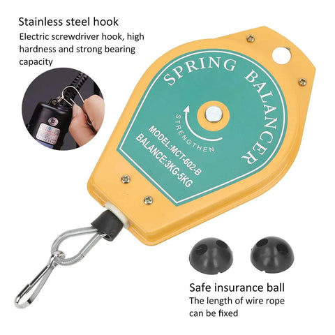 Heavy Duty Tool Fixture Holder With Spring Balance 3 To 5 Kg Lift Retractable Hanging Gear shown with stainless steel hook