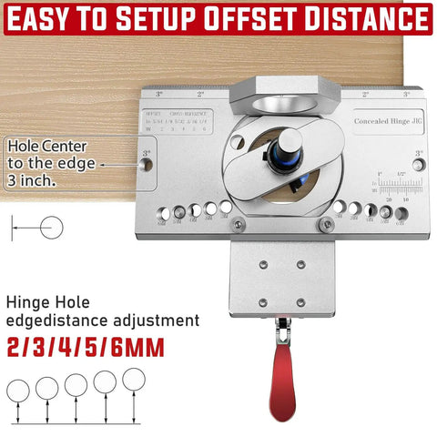 35mm Concealed Door Hinge Jig For Cabinets With Quick Clamp shown with offset distance settings and metal construction.