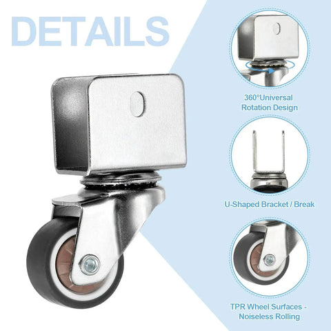 1 Inch Swivel Caster Wheels Set, 4 Pieces, 0.7 Inch U Bracket Opening, 55 Lb Capacity Per Caster for furniture and office chairs
