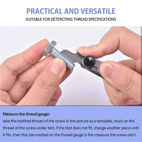 Person using stainless steel thread pitch gauge set for metric SAE Whitworth and British standards, measuring screw thread