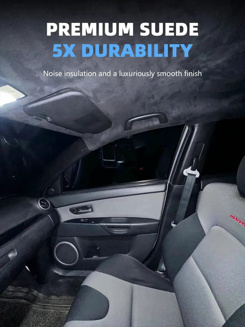 Interior view showing black suede headliner fabric installed in a car, highlighting premium finish and noise insulation features.