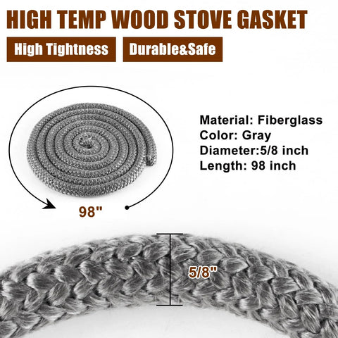Coiled wood stove gasket rope, fiberglass, gray, 5/8 in diameter, 98 in length.