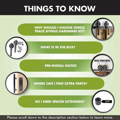 Black Rustic Single Track Bypass Sliding Barn Door Hardware Kit For Four Doors 10 Foot Flat Track With info graphics.