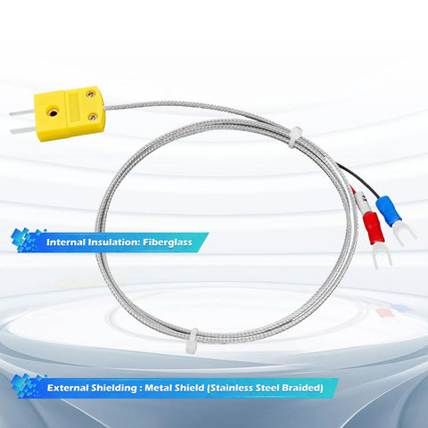 K-Type thermocouple sensor with braided stainless shield and yellow plug, 3.3 ft wire for kiln temperature.