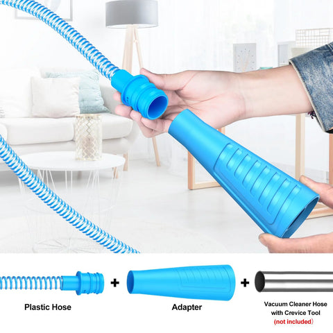 Blue Sealegend dryer vent cleaner kit front view: plastic hose, adapter, vacuum hose with crevice tool.