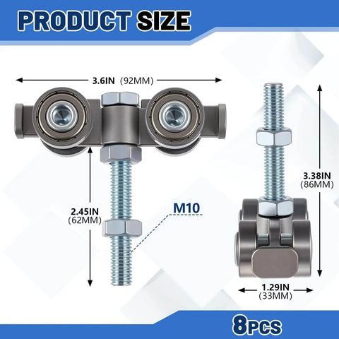 Dimensions of eight pack 4 wheel silent trolley assembly rollers with M10 bolt for 1-5/8 inch wide strut channels.