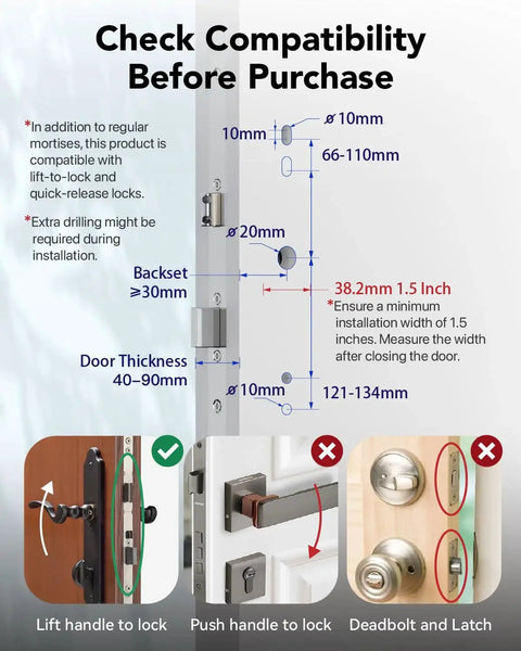 Compatibility guide for Smart Fingerprint Door Lock With Keypad For Front Door, Childproof Deadbolt To Prevent Escape, IC Card Access.