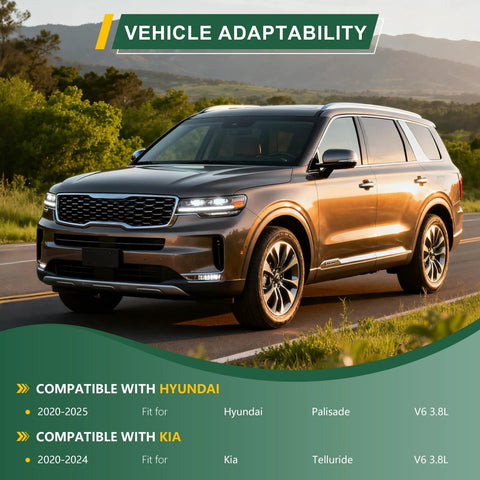 2020-2025 Hyundai Palisade and 2020-2024 Kia Telluride SUV compatibility poster with scenic background.